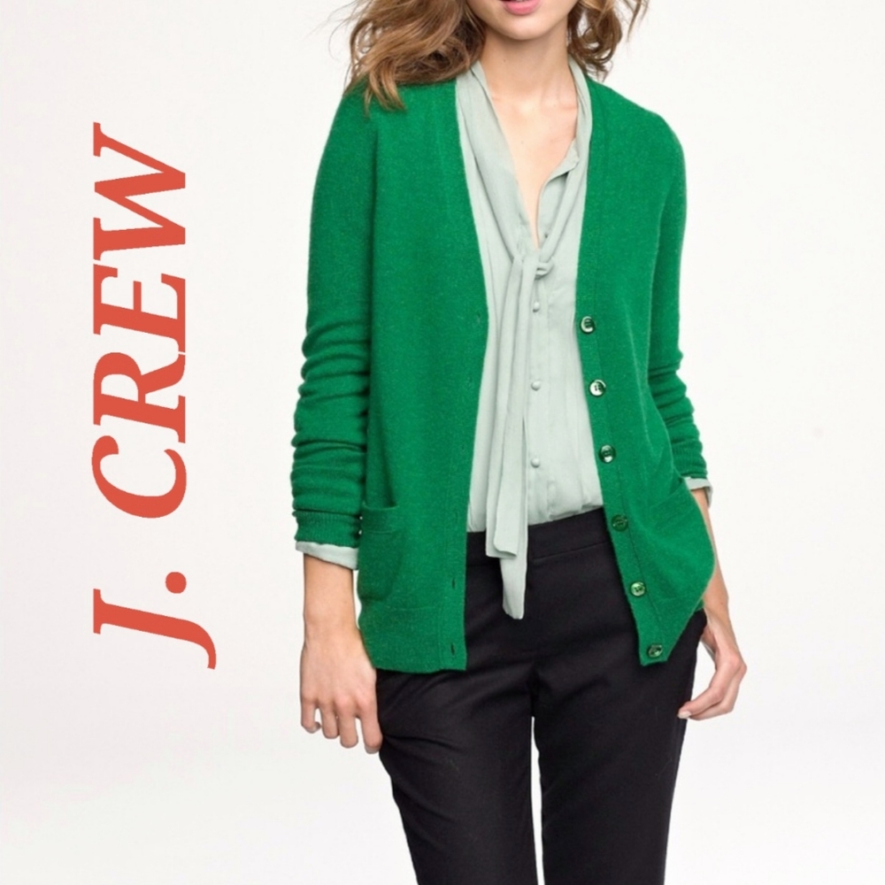 J Crew 100% merino wool green button up cardigan Sweater with pockets - Picture 2 of 6